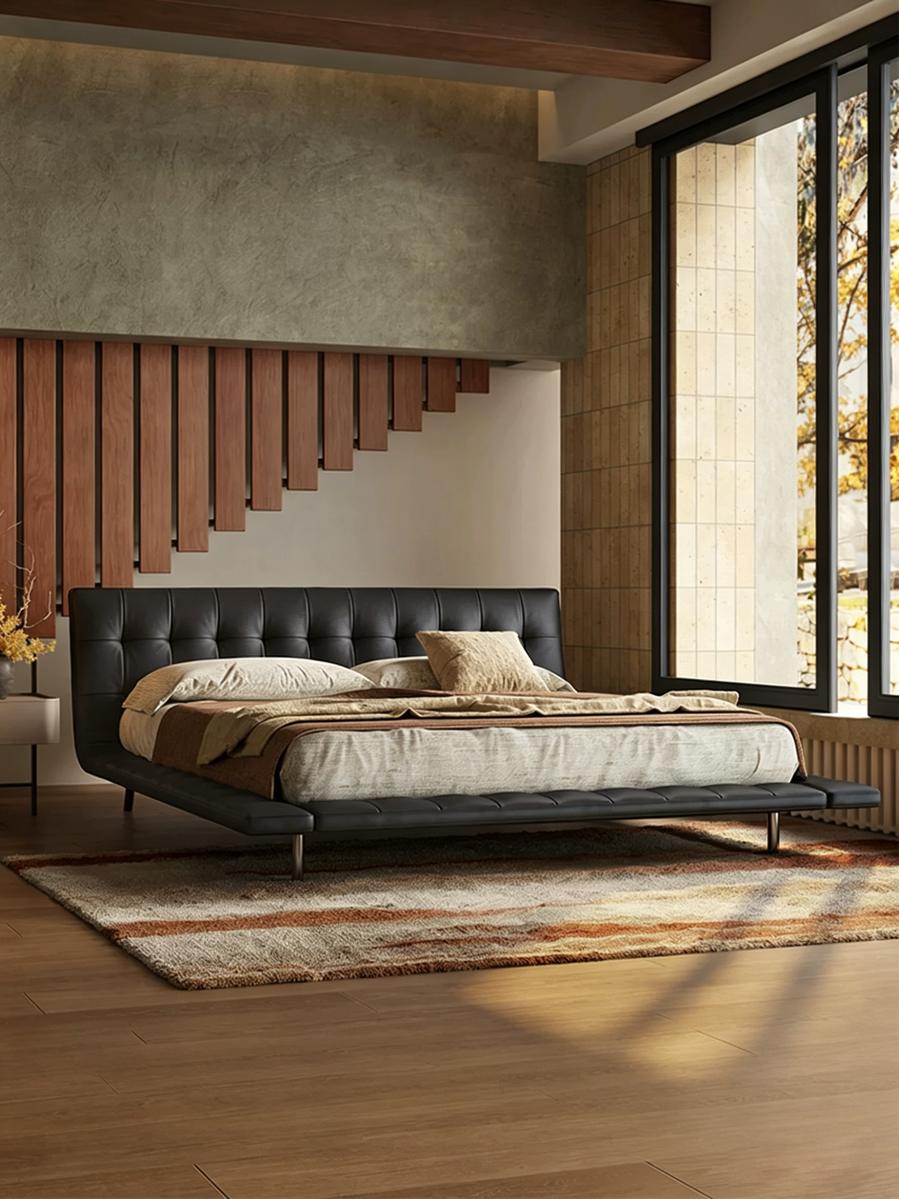 Queen Size Black Faux Leather Bed Frame, Minimalist Floating Platform Bed, Modern Luxury Tufted Upholstered Bed with Low Profile Headboard, No Box Spring Needed