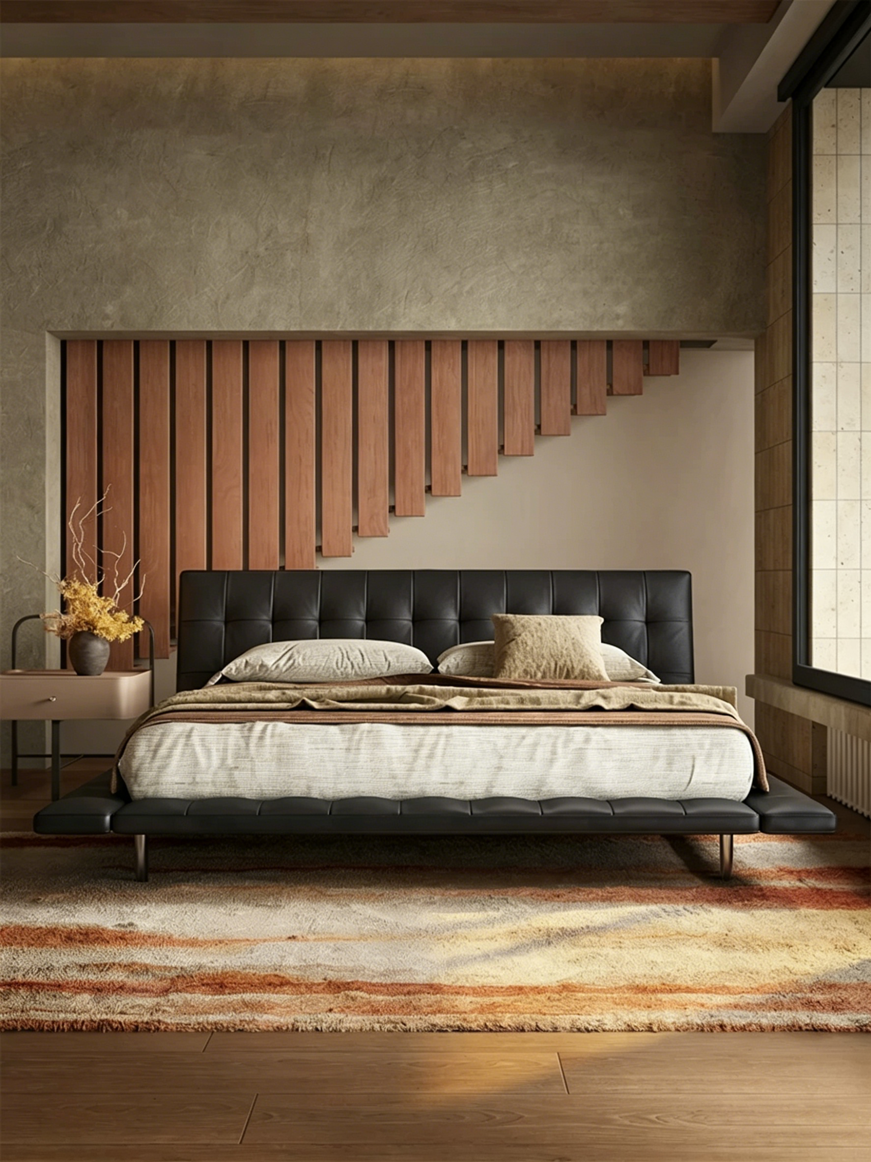 Queen Size Black Faux Leather Bed Frame, Minimalist Floating Platform Bed, Modern Luxury Tufted Upholstered Bed with Low Profile Headboard, No Box Spring Needed