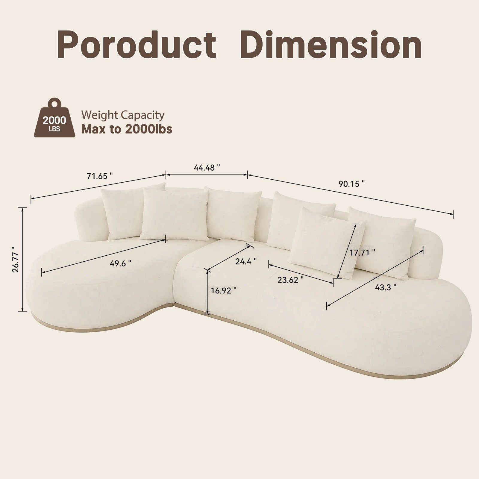134.63" Oversized L-Shape Sectional Sofa | Left-Facing Chaise, Polyester Fabric, Extra Deep Seat, Beige – 5-Seat Modern Couch for Living Room