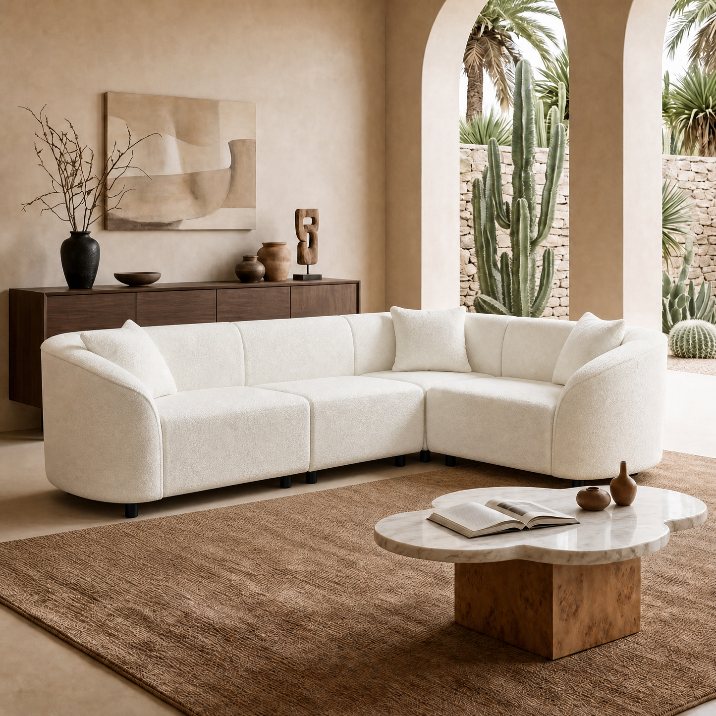 Modular curved L-shaped sectional sofa, white sheepskin cloud sofa with cushions, 2000-pound heavy-duty durable living room sofa, suitable for spacious living rooms or villas, easy to assemble