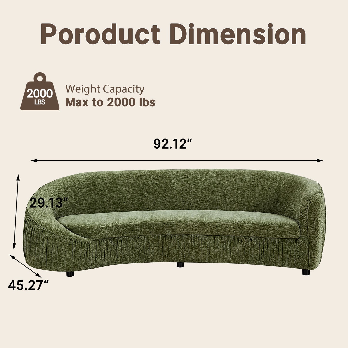 92.12-inch curved green sofa, equipped with two cushions, with a velvet fabric and wooden frame, capable of supporting 2000 pounds, a modern and luxurious curved sofa, suitable for living rooms and apartments.