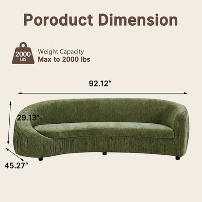 92.12-inch curved green sofa, equipped with two cushions, with a velvet fabric and wooden frame, capable of supporting 2000 pounds, a modern and luxurious curved sofa, suitable for living rooms and apartments.