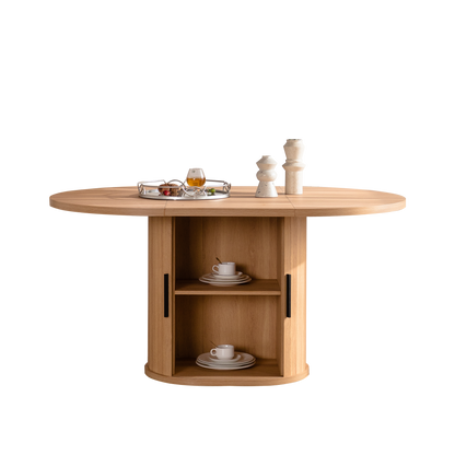 59 Inch Oval Dining Table  with 2-Layer Storage Shelf and Wood Slide Door