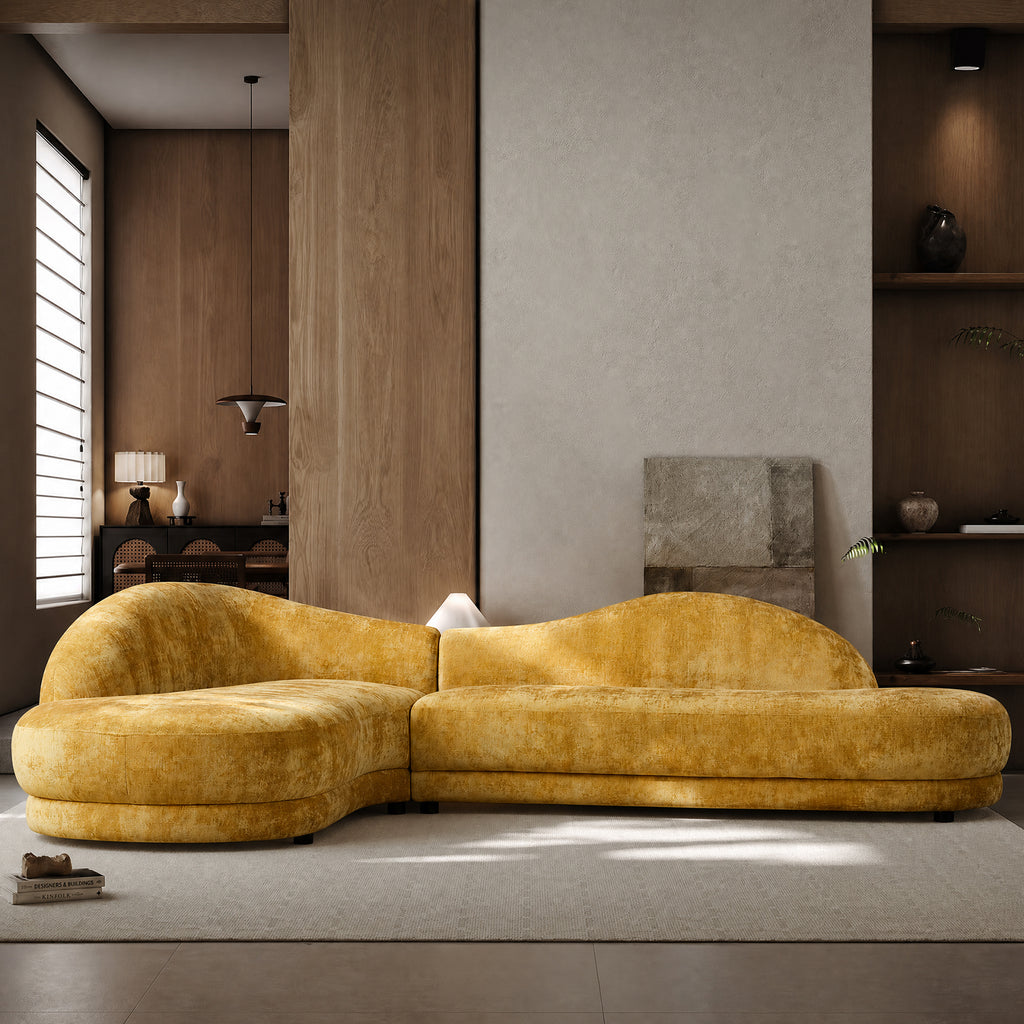 113.78 Inch Mid-Century Modern Sofa | Left-Facing Chaise, Yellow Upholstered Comfy Couch for Living Room, Bedroom, Apartment, Home Office
