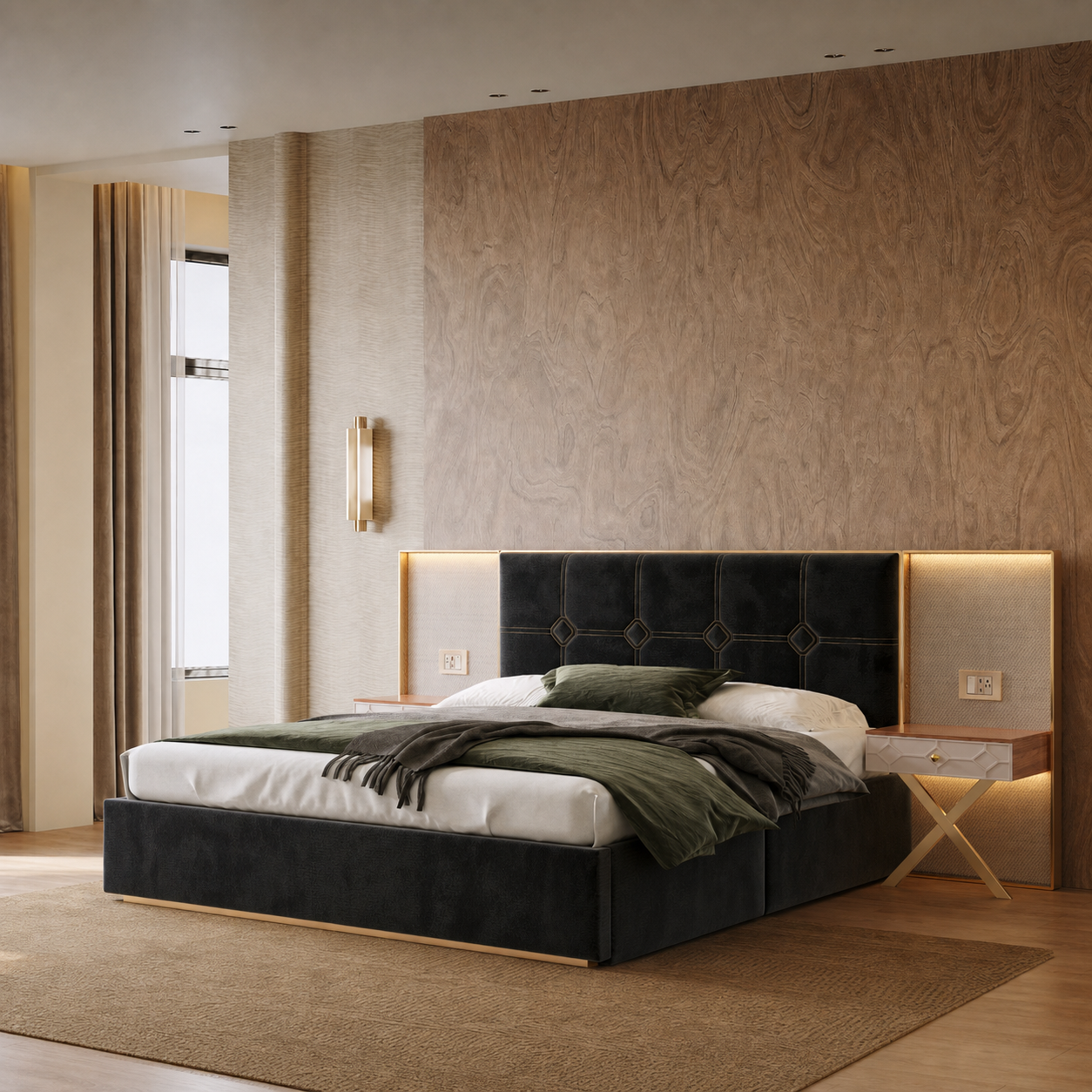 Wide Floor Upholstered Velvet Bed with Side LED Ambient Lighting