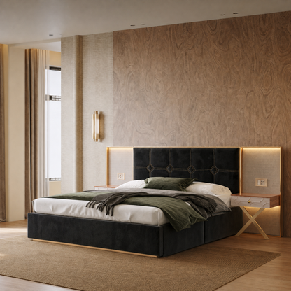 Wide Floor Upholstered Velvet Bed with Side LED Ambient Lighting