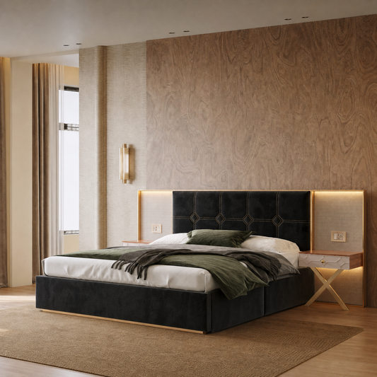 Wide Floor Upholstered Velvet Bed with Side LED Ambient Lighting