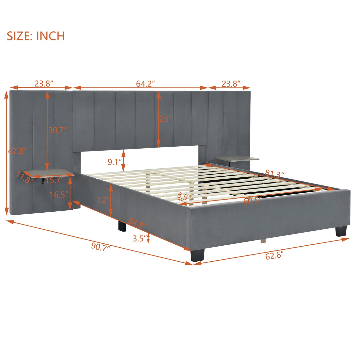 Channel Tufted Wall Mount Bed with Detachable Floating Side Shelves