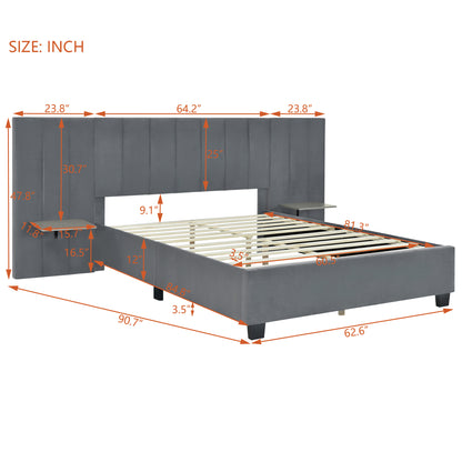 Channel Tufted Wall Mount Bed with Detachable Floating Side Shelves