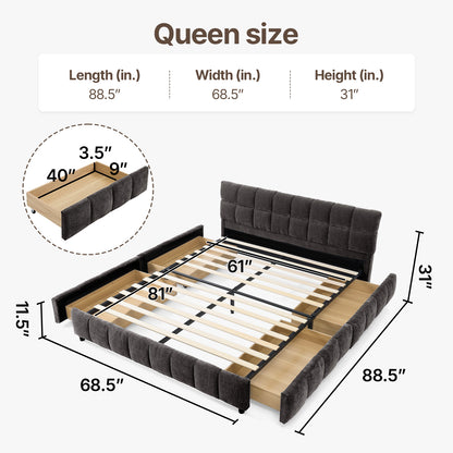 Queen Size Modern Cloud-Feel Bed Frame,With four drawers,Multi Color Beige/Green/Grey/Pink