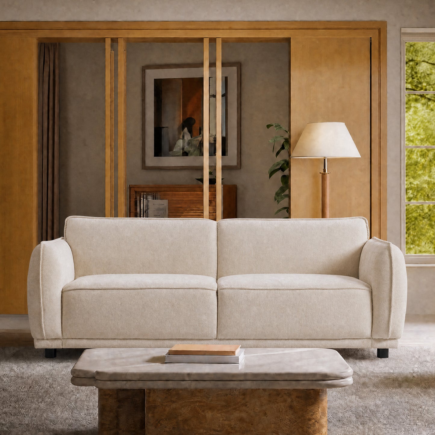 Minimalist rounded-edge combination module sofa, 84-inch white 2-seater, a rustic style sofa with a load-bearing capacity of 2000 pounds, suitable for various scenarios such as studios and villas.