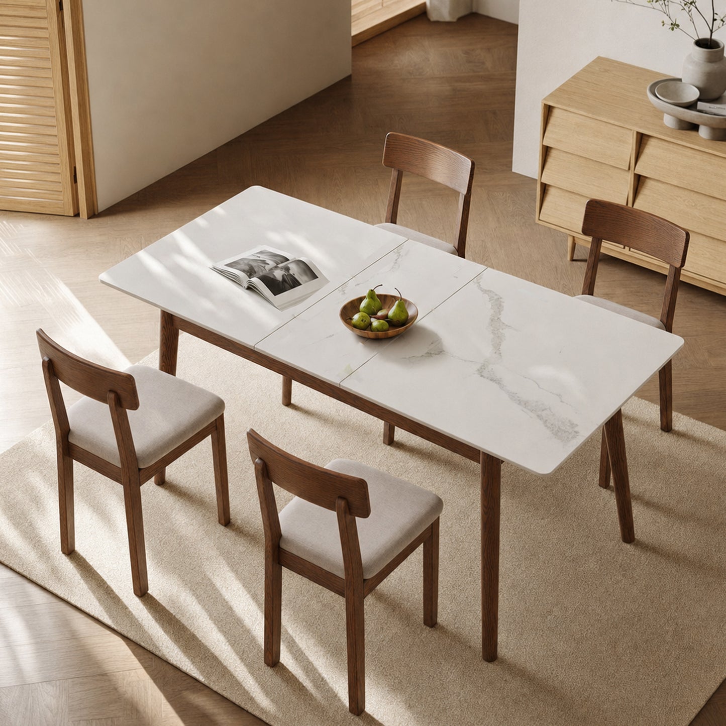Walnut solid oak and white slate round corner diagonal leg telescopic table 59.6inch