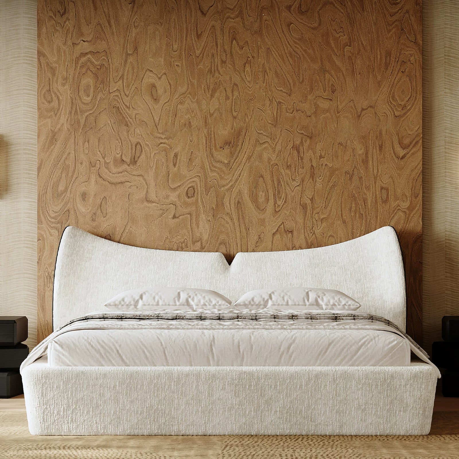 Modern Upholstered Platform Bed with Linen Headboard, Queen Size Wood Floor Bed Frame with High Wingback, No Box Spring Needed, Easy Assemble