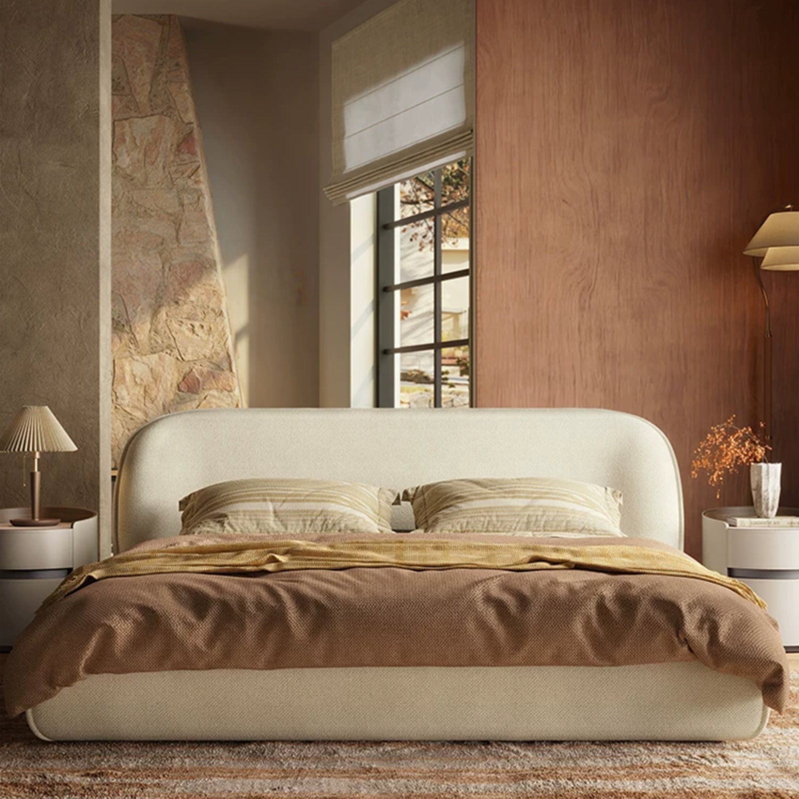 Cloud-Feel Bed Frame and Headboard, Upholstered Soft King Size Bed Frame with Round Edges, Linen Platform Bed for Apartments & Master Rooms & Guest Rooms, No Box Spring Needed,Beige