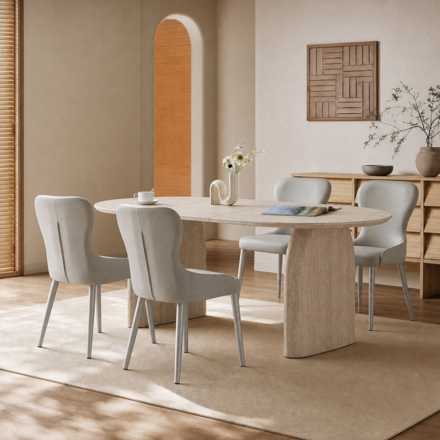 Wood Extendable Dining Table, Modern Oval Kitchen Table with Stylish Dual - Pillar Design