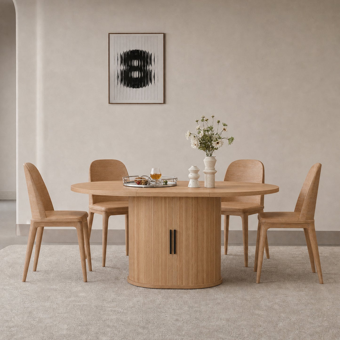 59 Inch Oval Dining Table  with 2-Layer Storage Shelf and Wood Slide Door
