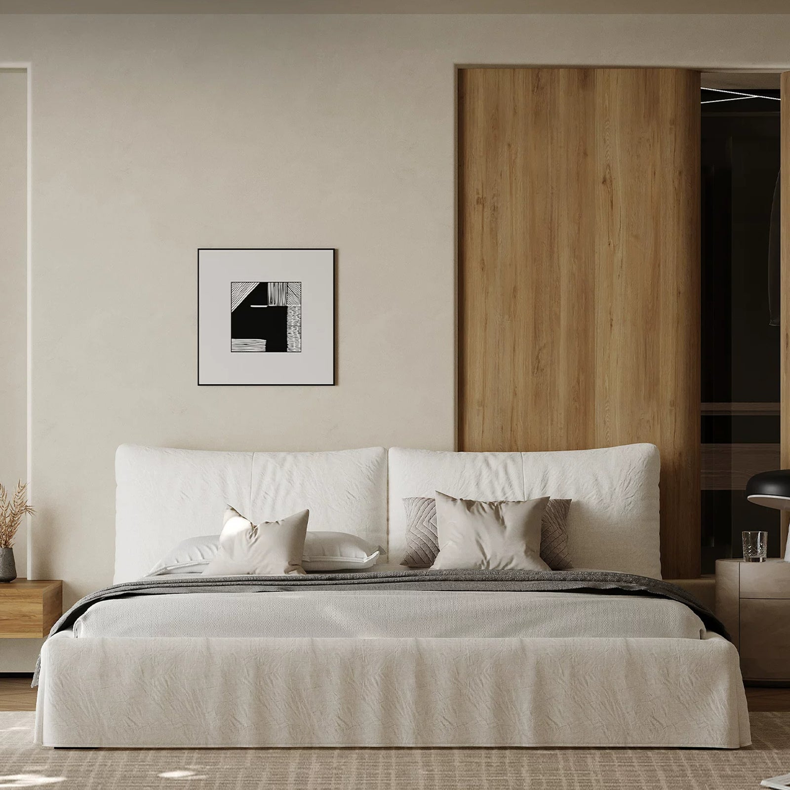 Queen Size Linen Bed Frame, Upholstered Platform Bed with Thick Removable Headboard & Rounded Corners, No Box Spring Needed, Easy Assembly, White