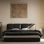 Queen Size Contemporary Faux Leather Upholstered Bed Frame, Luxury Black Platform Bed with Curved Soft Headboard, Heavy Duty Mattress Foundation, No Box Spring Required, Noise-Free Bedroom Furniture