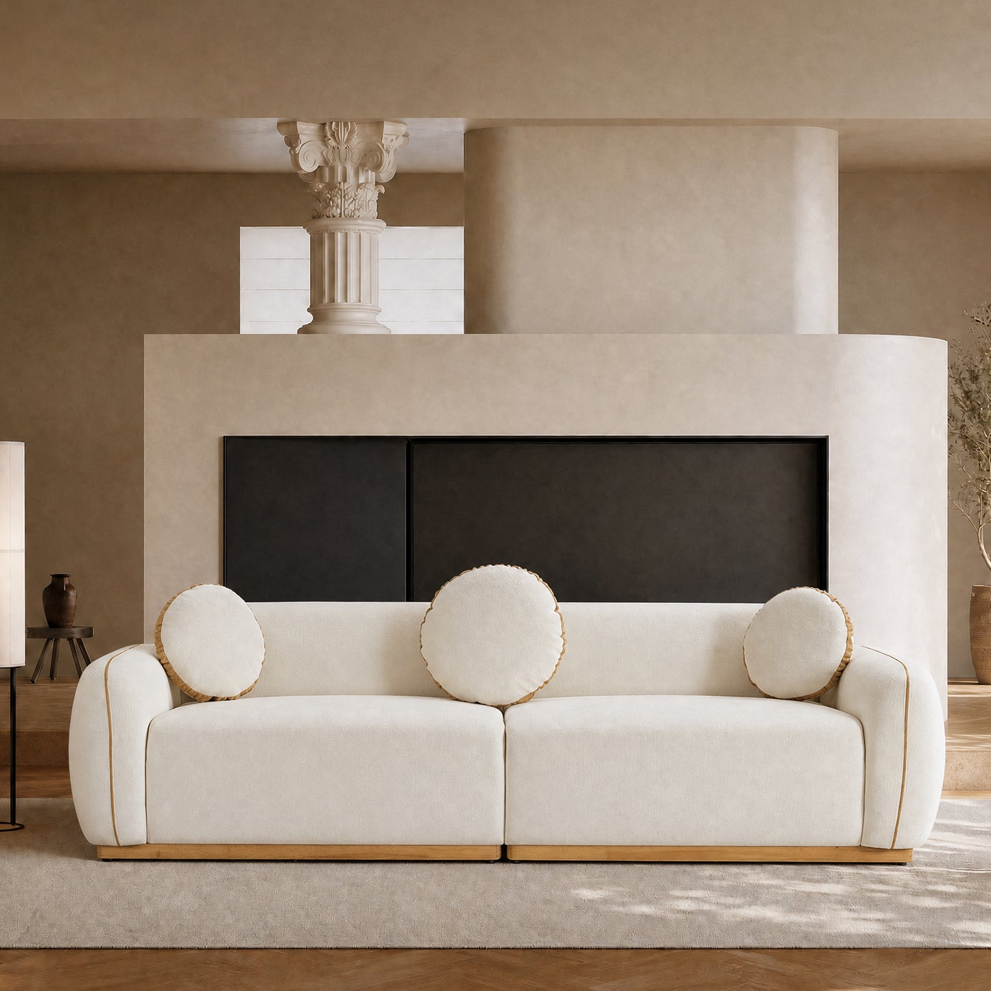 90.94 Inch White Boucle 2-Seater Modular Sofa,golden contrasting-stitching wooden base with armrests sofa, 2000-pound heavy-duty minimalist wabi-sabi style sofa, equipped with 3 round cushions, suitable for living rooms and villas