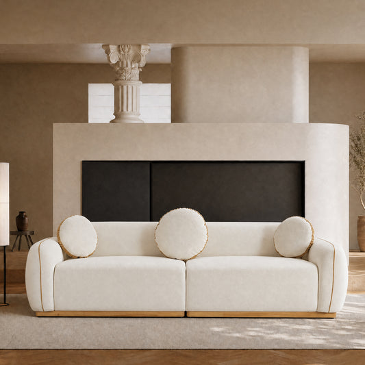 90.94 Inch White Boucle 3-Seater Modular Sofa,golden contrasting-stitching wooden base with armrests sofa, 2000-pound heavy-duty minimalist wabi-sabi style sofa, equipped with 3 round cushions, suitable for living rooms and villas