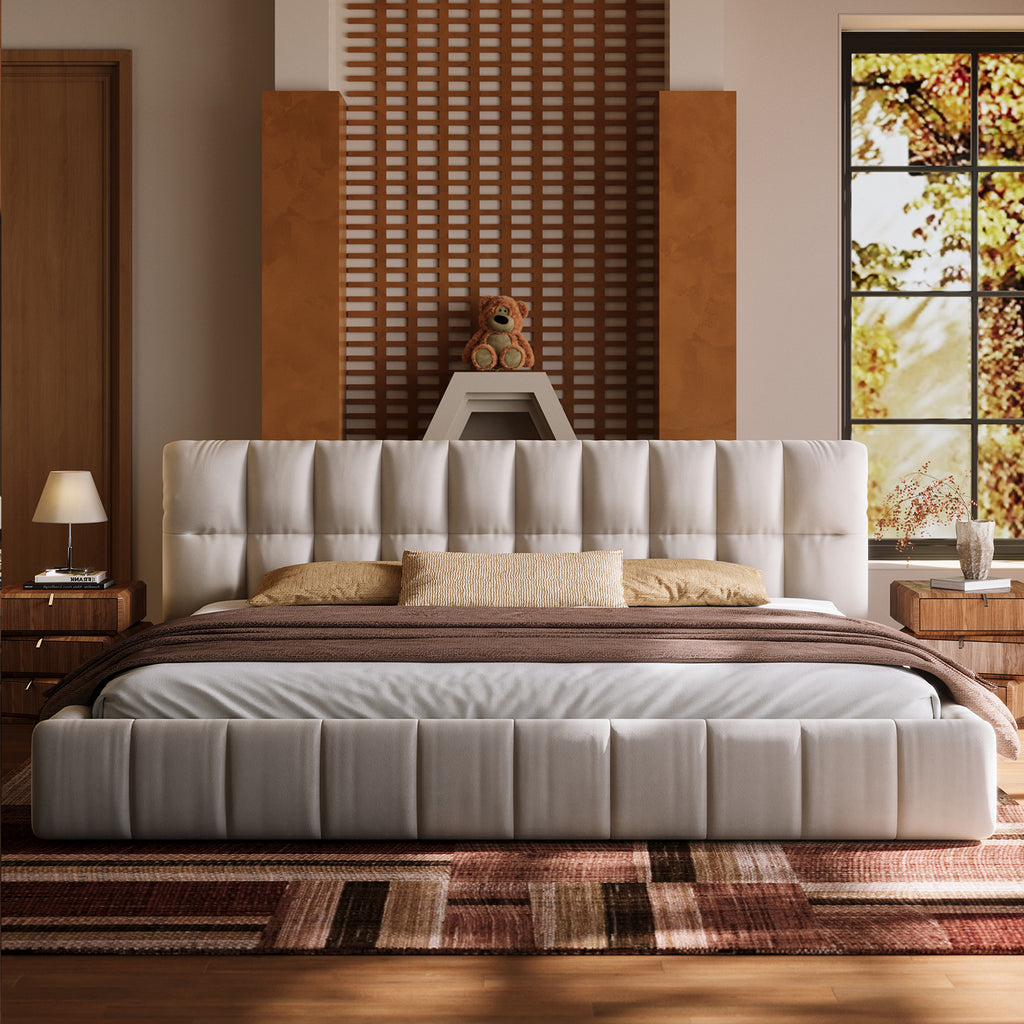 Queen Size Modern Cloud-Feel Bed Frame, 38.5" Tall Cream Upholstered Platform Bed with Thick Soft Headboard & Footboard for Bedroom Apartment