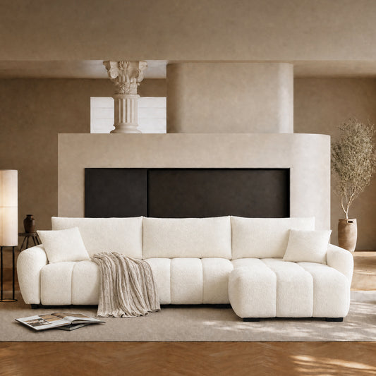 110" White Modular L-Sofa – Boucle Fabric, Lounge Sleeper, Heavy Duty 2000lbs
