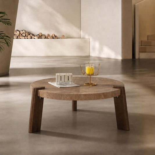 Herringbone Parquet 3-Slanted-Leg Vintage Round Coffee Table