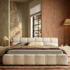 Queen Size Upholstered Bed Frame, Mid-Century Modern Cloud-Feel Bed, Soft Fabric Tufted Bed Frame, Minimalist Low Profile Platform Bed for Bedroom, No Box Spring Required, Beige