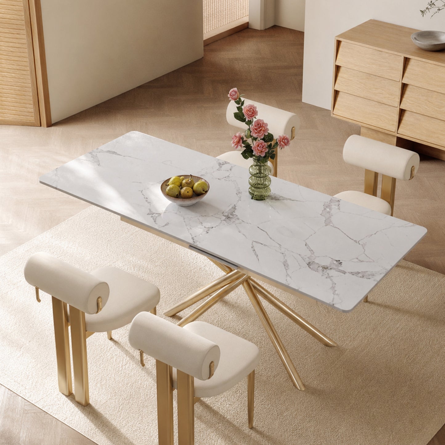 59-inch Modern rectangle Expandable Dining Table , Sintered Stone Top & Golden Carbon Steel X-Base