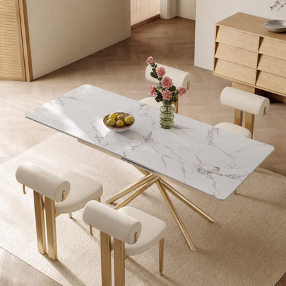 59-inch Modern rectangle Expandable Dining Table , Sintered Stone Top & Golden Carbon Steel X-Base