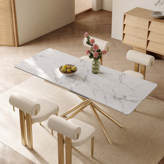 59-inch Modern rectangle Expandable Dining Table , Sintered Stone Top & Golden Carbon Steel X-Base