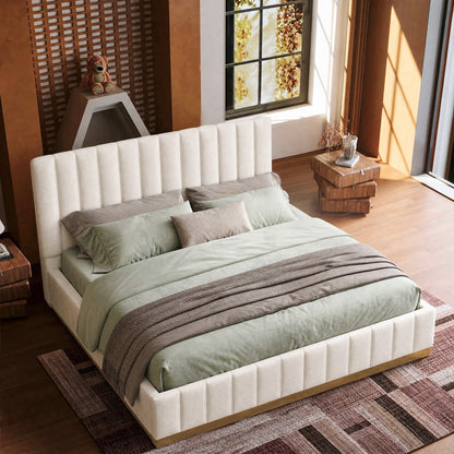 Medieval Minimal Vertical Channel Cloud Boucle Queen Bed Frame, Wood Base Trim