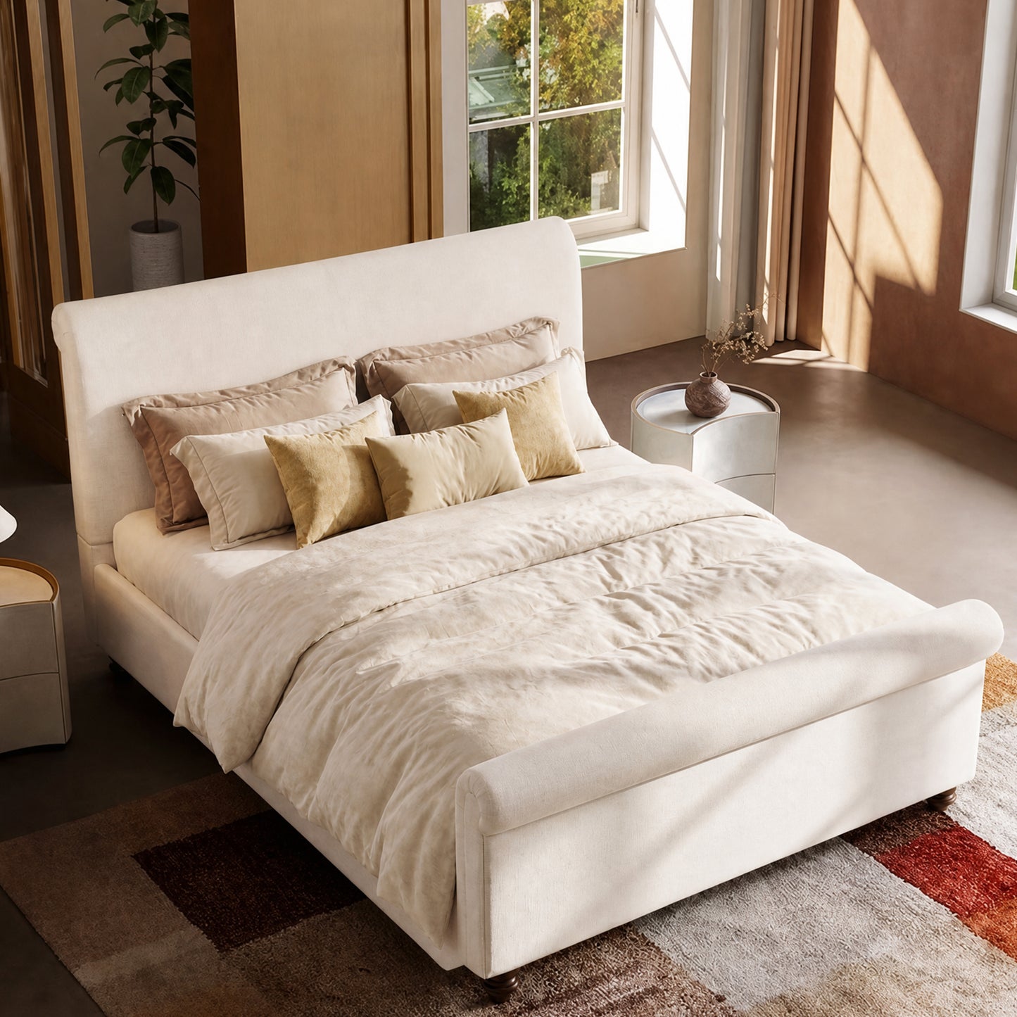 Boucle Fabric Curved Sleigh Bed Frame Queen,beige