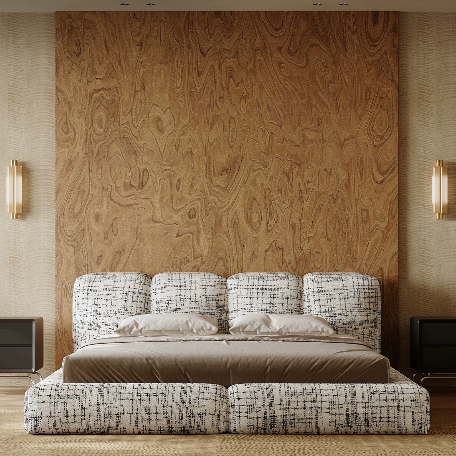 Queen Size Upholstered Grounded Bed with Linen Thick Headboard and Footboard, Block Style, No Spring Box Needed