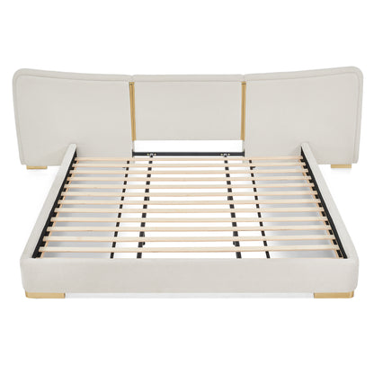 3-Panel Curved Platform Bed Gold Strips Low Profile Wood Slats Luxury Assembly