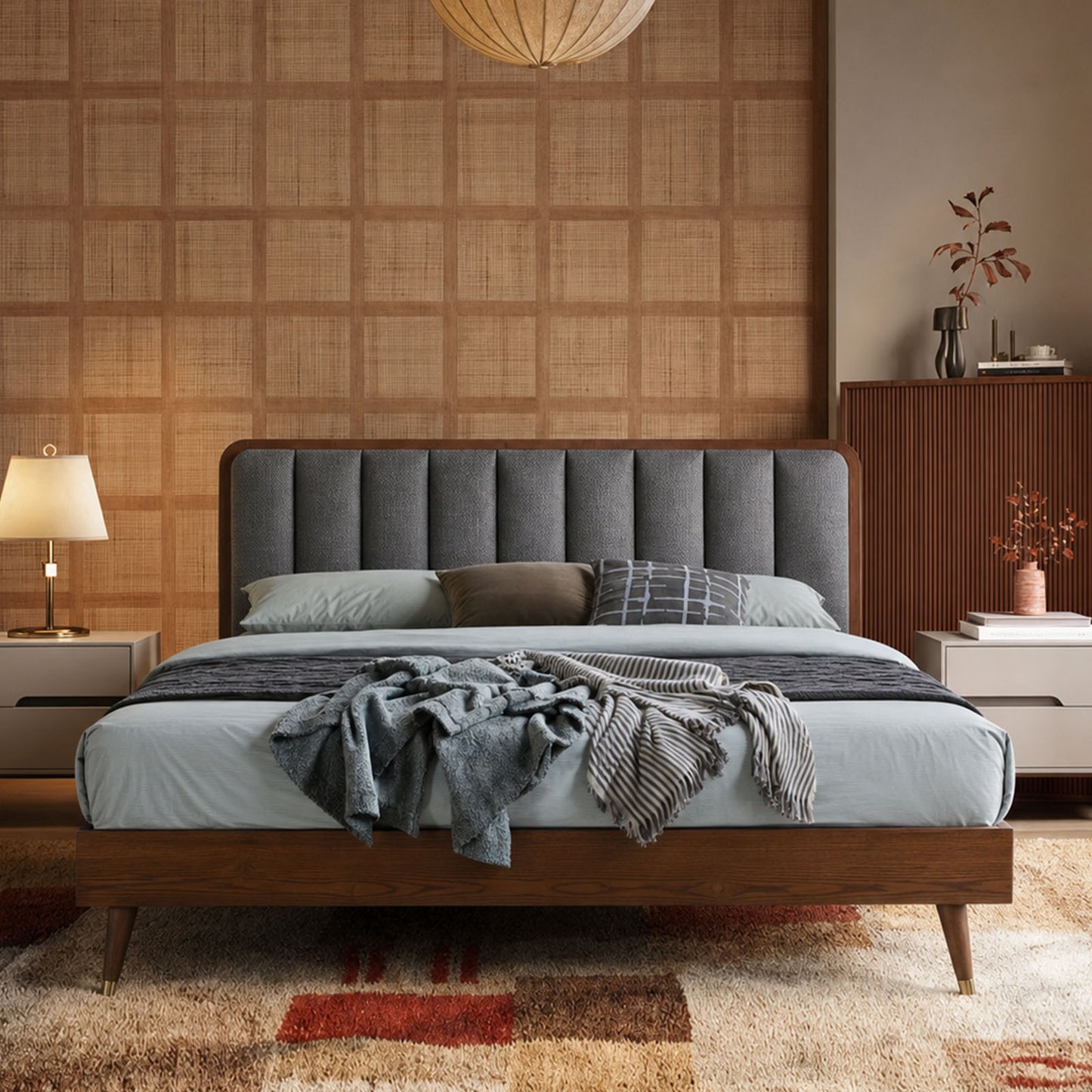 Vertical Tufted Fabric Walnut Wood Gold-Leg Queen Bed