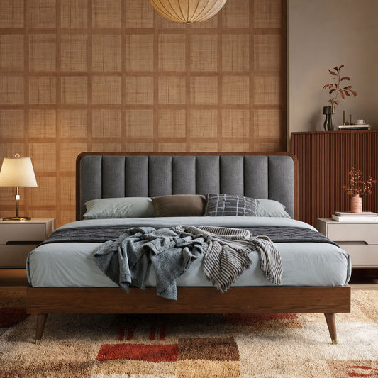 Vertical Tufted Fabric Walnut Wood Gold-Leg Queen Bed
