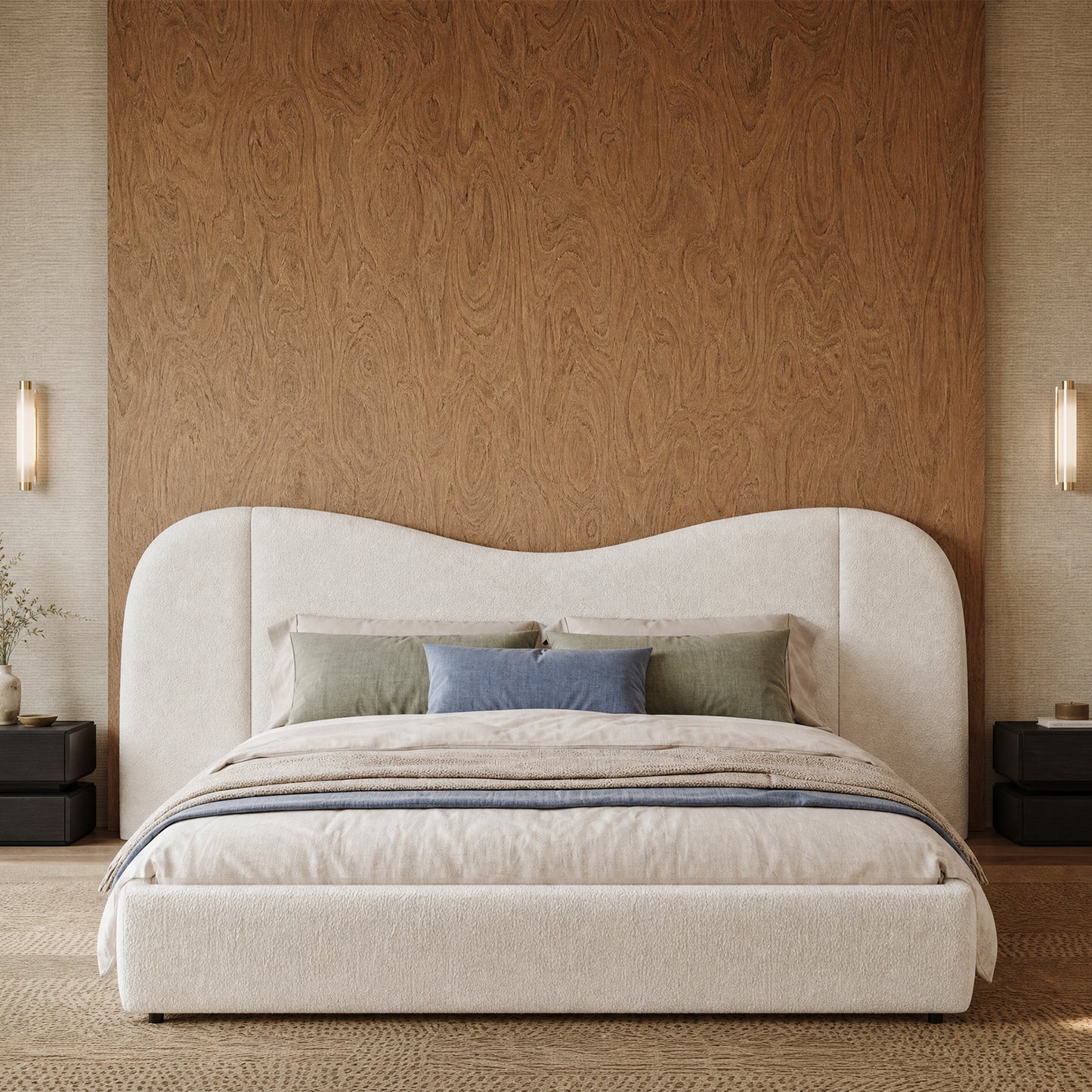 Neutral Organic Wavy Silhouette Plush Cloud King Upholstered Bed