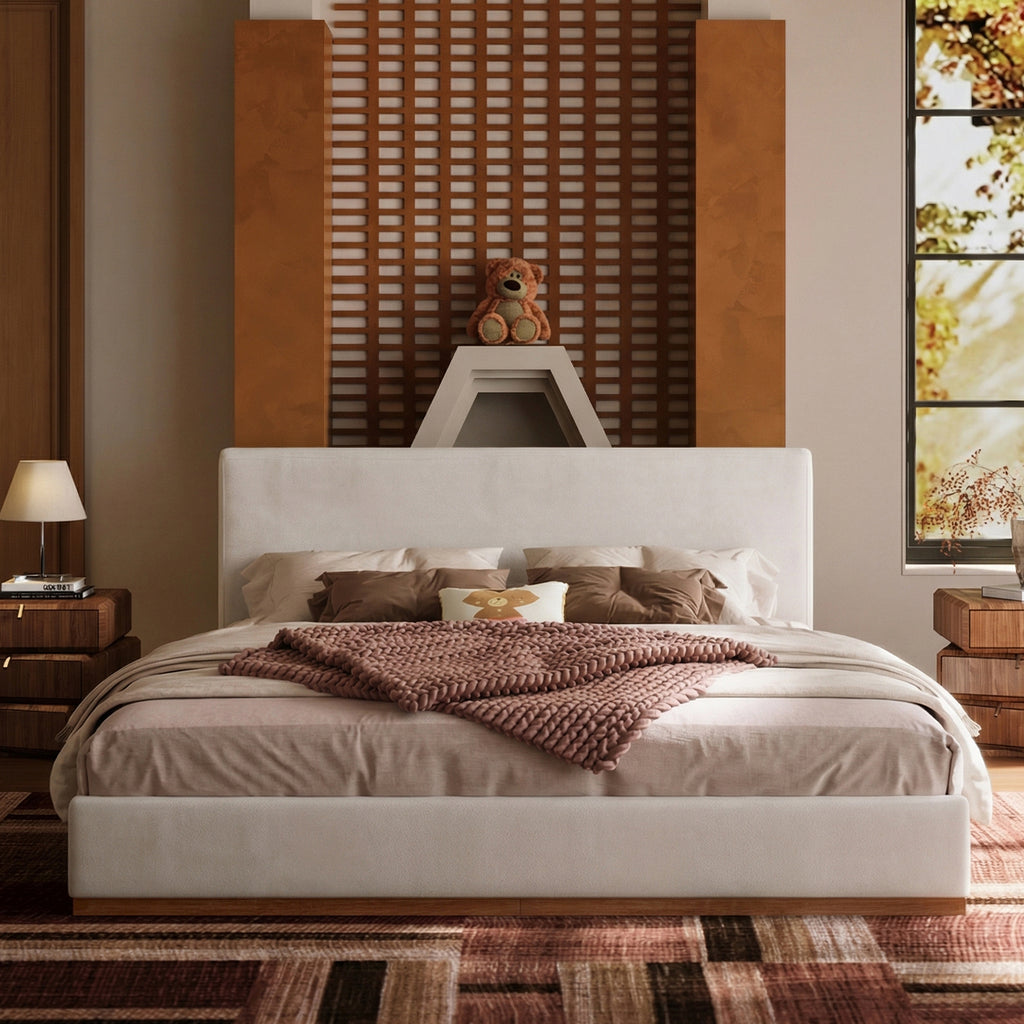 Modern Cloud-Feel Bed– Queen Size, Platform Bed with Soft Thick Headboard,Block White Fabric Upholstered Bed with Nice Wood Grain Textured Solid Wood Base Frame