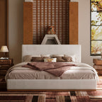 Modern Cloud-Feel Bed– Queen Size, Platform Bed with Soft Thick Headboard,Block White Fabric Upholstered Bed with Nice Wood Grain Textured Solid Wood Base Frame