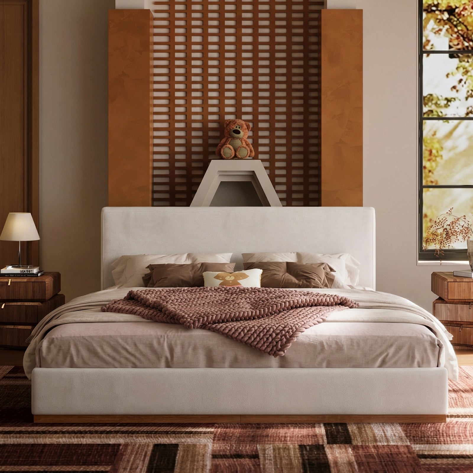 Modern Cloud-Feel Bed– Queen Size, Platform Bed with Soft Thick Headboard,Block White Fabric Upholstered Bed with Nice Wood Grain Textured Solid Wood Base Frame