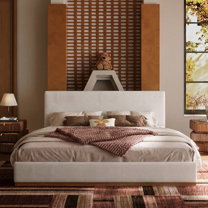 Modern Boucle Cloud-Feel Bed– Queen Size,  Solid Wood Base Frame
