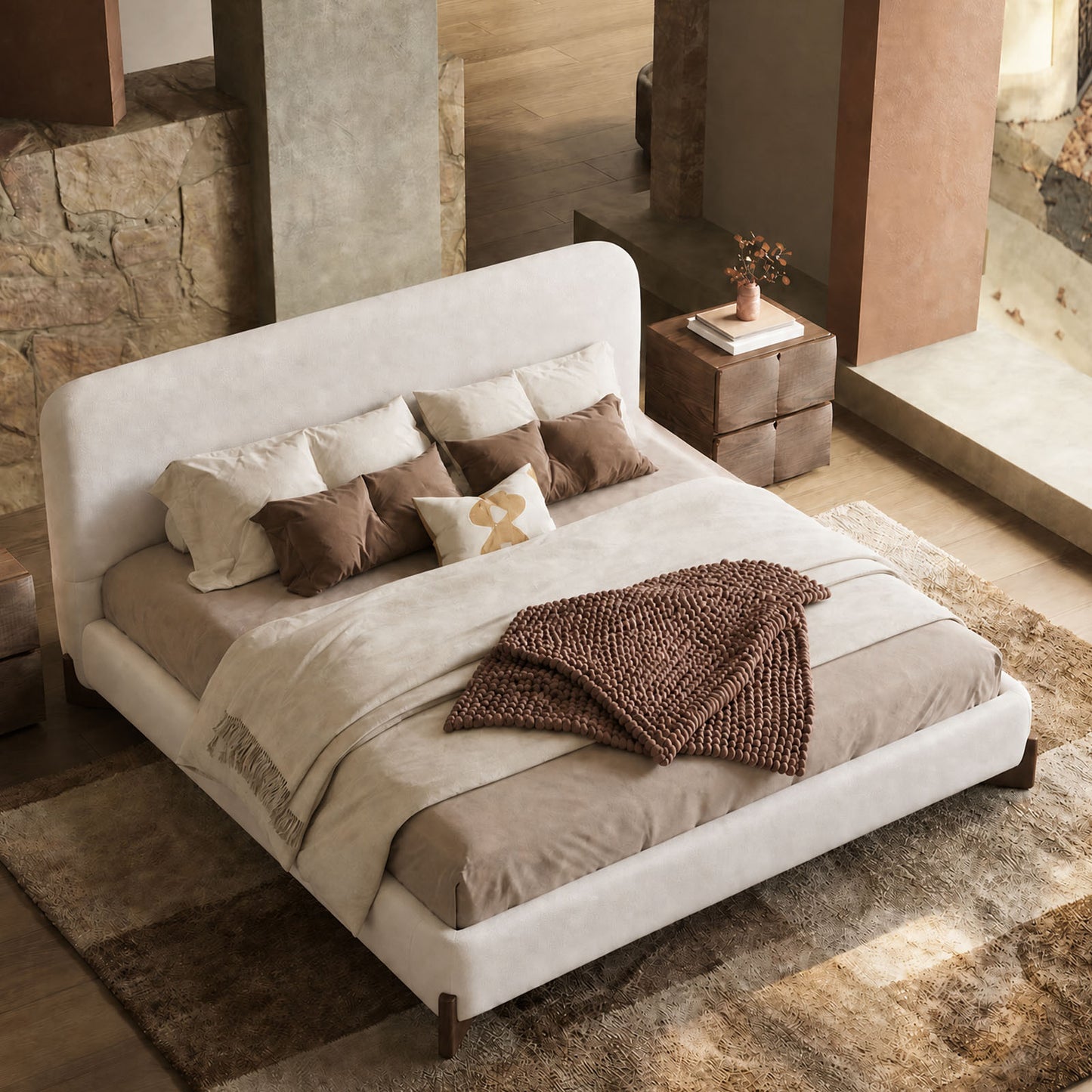 Queen Size Boucle Cloud-Feel Bed Frame,  Solid Wood Legs