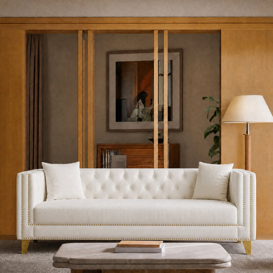 80.7-inch cream-colored Chesterfield sofa, featuring embossed buttons and a footrest, with 2 seats, heavy-duty with a 2000-pound load-bearing capacity, suitable for living rooms or apartments.