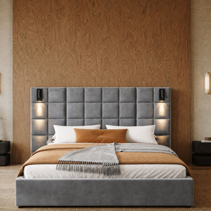 USB-Light Tufted Grey Velvet Upholstered Queen Bed