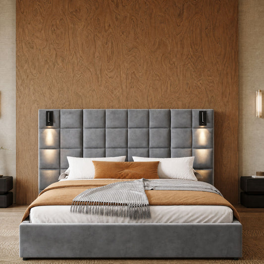 USB-Light Tufted Grey Velvet Upholstered Queen Bed