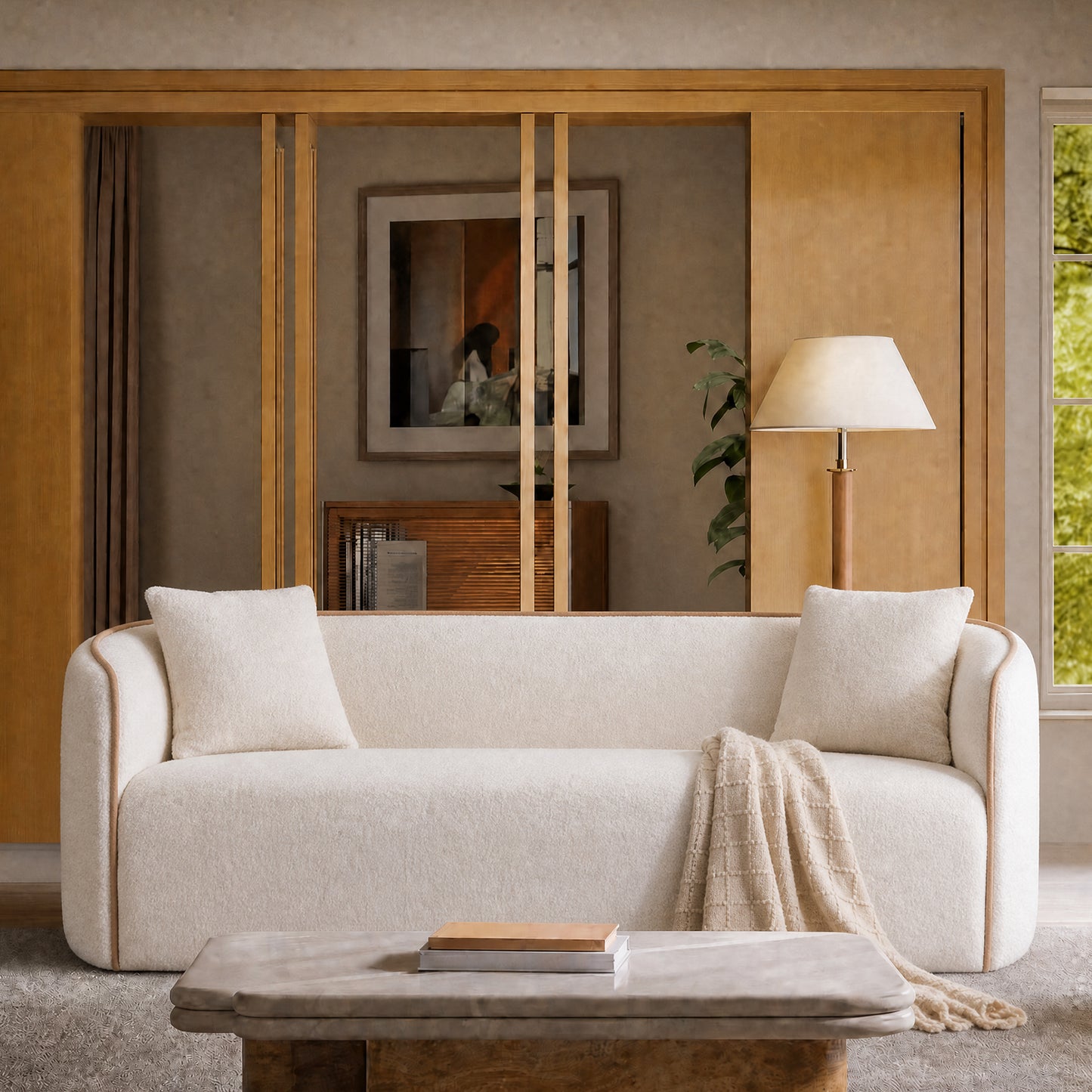 82-inch white lambskin 2-seater row sofa, curved armrest, minimalist style fabric sofa, 2000-pound high load-bearing, small-sized minimalist cloud-shaped sofa, no assembly required