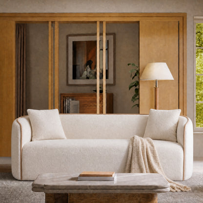 82-inch white lambskin 2-seater row sofa, curved armrest, minimalist style fabric sofa, 2000-pound high load-bearing, small-sized minimalist cloud-shaped sofa, no assembly required
