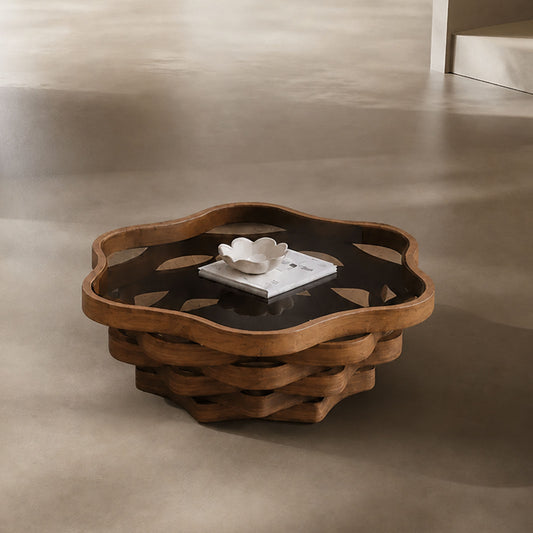 Multi-Layer Wave Hollow Base Irregular Glass Coffee Table
