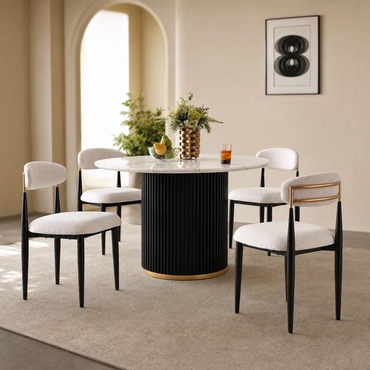 46 Inch Round Faux Marble Dining Table, Black Wave Metal Base with Gold Decoration - Accommodates 4 People for Kitchen & Dining Room